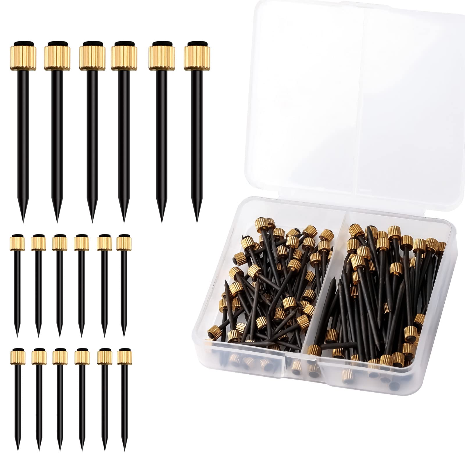 SAVITA 50pcs Picture Hanging Nails, Hanging Picture Nails Gold Nails Hardware Photo Frame Hanger with Plastic Storage Box Black Steel Nails and Brass Head Nails Holds up to 5-30 Lbs (2 Sizes)
