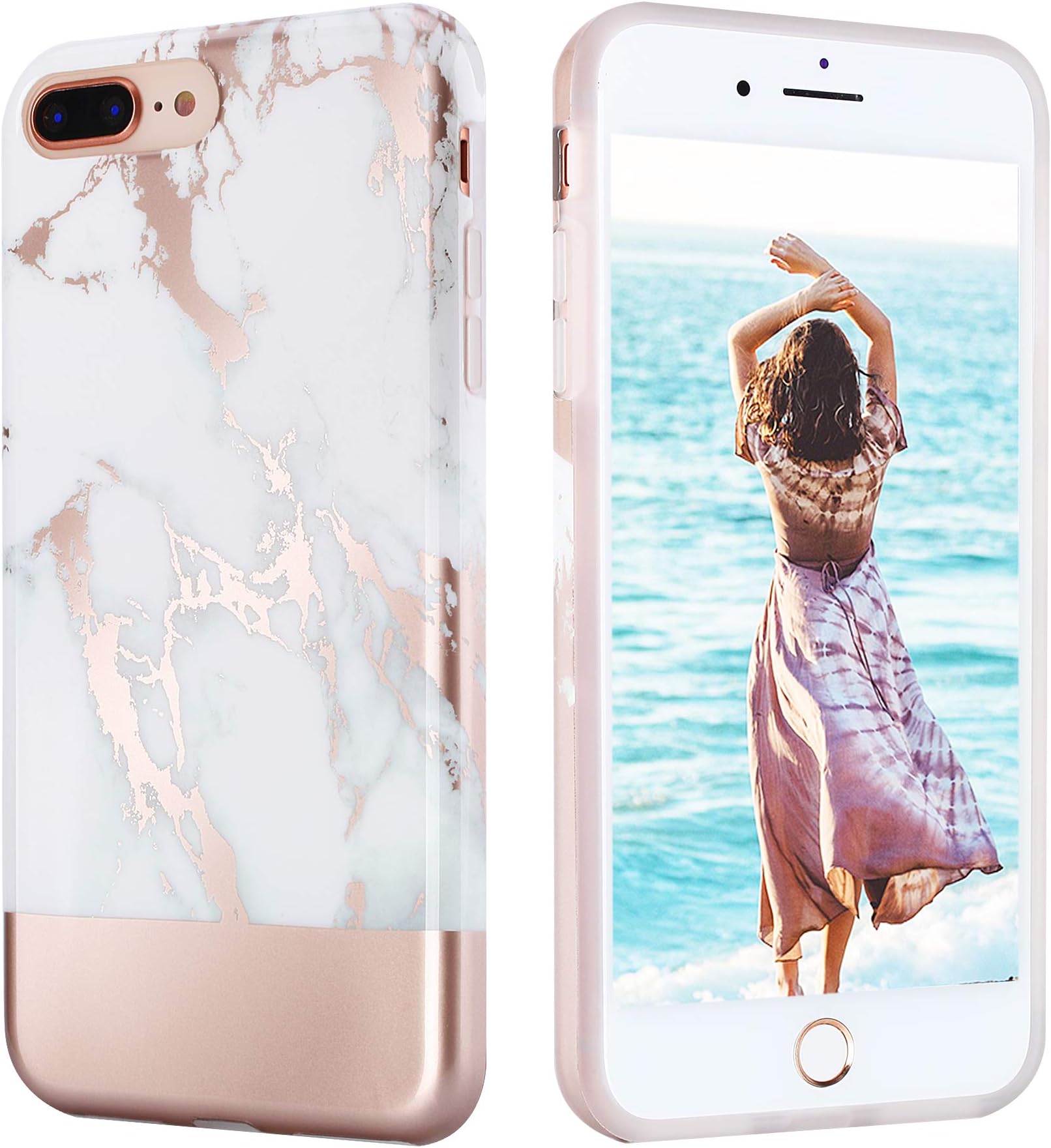 AQT Compatible with iPhone 7 Plus and iPhone 8 Plus Case - Marble Design Shiny Rose Gold Marble and Bottom Rose Gold Protective Shockproof Phone Case TPU Soft Rubber Silicone Cover - 5.5 inch Screen