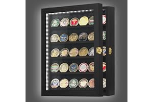 Kacorn Coin Display Case 11"x14" with LED Challenge Military Coin Holder Wooden American Flag Medal Poker Chip Wall Cabinet Decor Gift for Collector, Grandfathers, Fathers, Comrade-in-arms