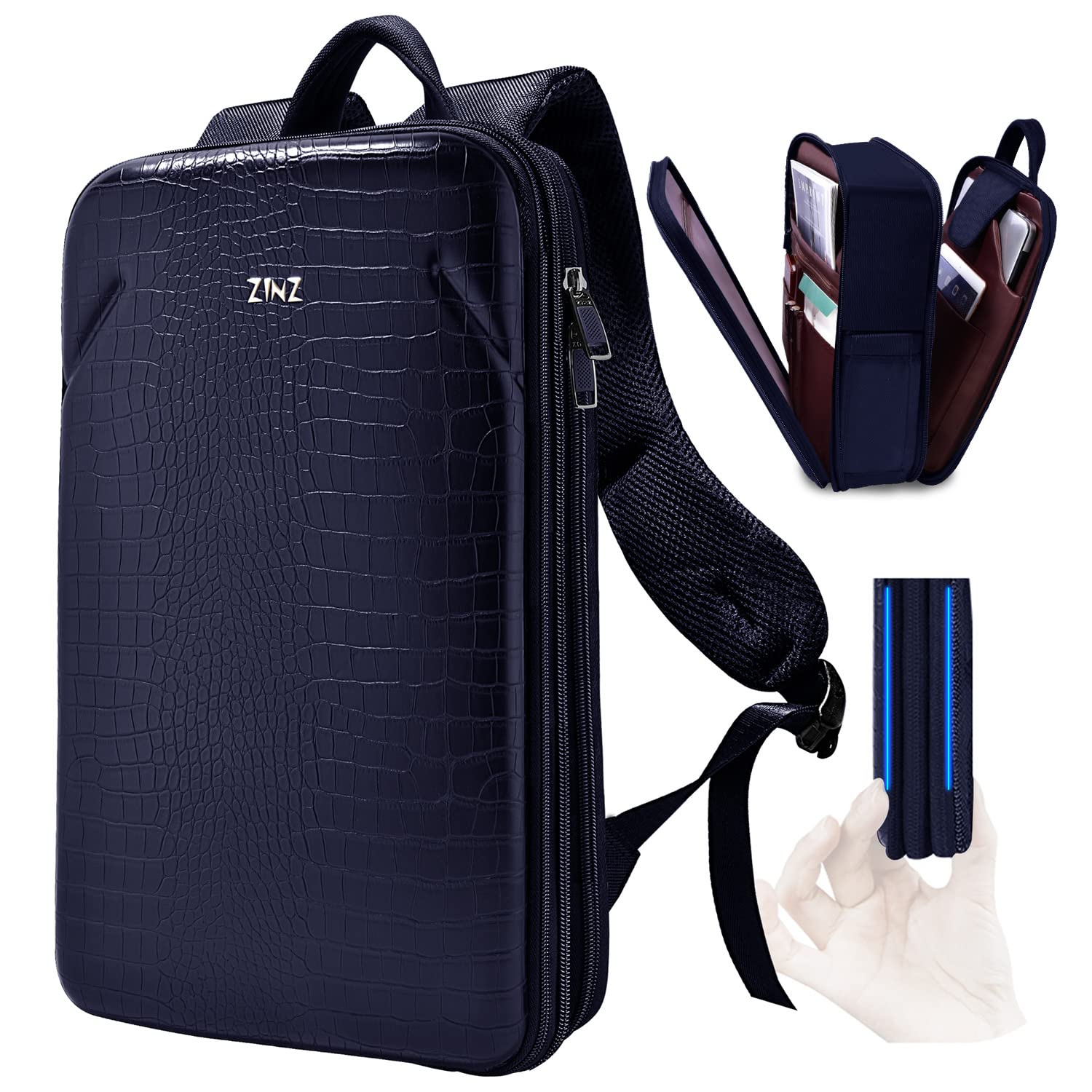 ZINZ Protective Laptop Backpack, Expandable Computer Bag Rucksack with Hard Leather Cover & 3 Compartments for 15 15.6 16 inch Notebooks, Ergonomic Shoulder Strap，B02L01