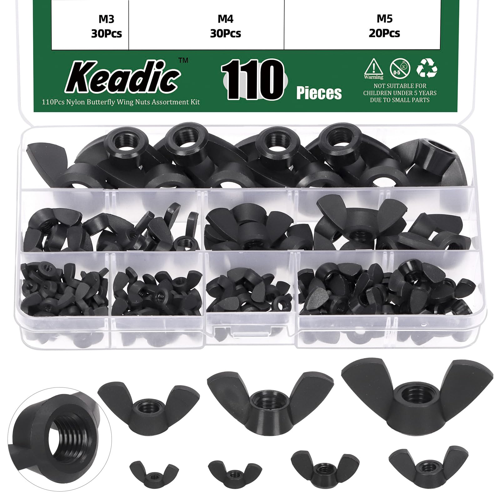 Keadic 110Pcs Nylon Metric Wing Nuts Assortment Set, M3 M4 M5 M6 M8 M10 M12 Hand Twist Tighten Ear Butterfly Nut Wingnuts for Home Building Industry (Black)
