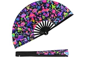 Tugaizi Rave Folding Fan UV Glow Rave Fan Mushroom Folding Hand Fan Bamboo Folding Clack Hand Fan for Music Festivals, Carnival, Disco Party, Neon Party and Drag Queene Dance Performances