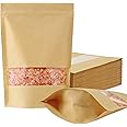 FireKylin 100 Pcs Kraft Paper Bags with Window, 7.1" x 10.2" Stand Up Pouches Bags, Zip Lock Food Storage Bags for Packaging Products, Reusable, Sealable