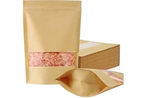 FireKylin 100 Pcs Kraft Paper Bags with Window, 5.5" x 7.9" Stand Up Pouches, Zip Lock Food Storage Bags for Packaging Products, Reusable, Sealable