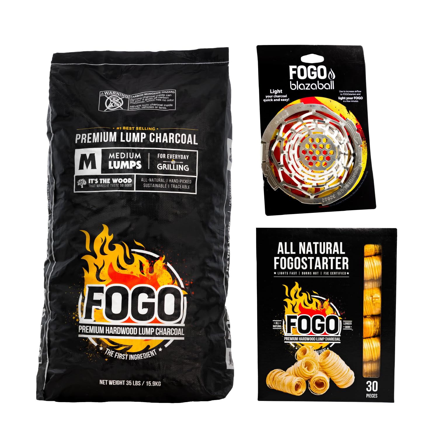 FOGO Premium Hardwood Lump Charcoal 35 Pound Bag, Fogostarters Natural Fire Starters and Blazaball Bundle Image