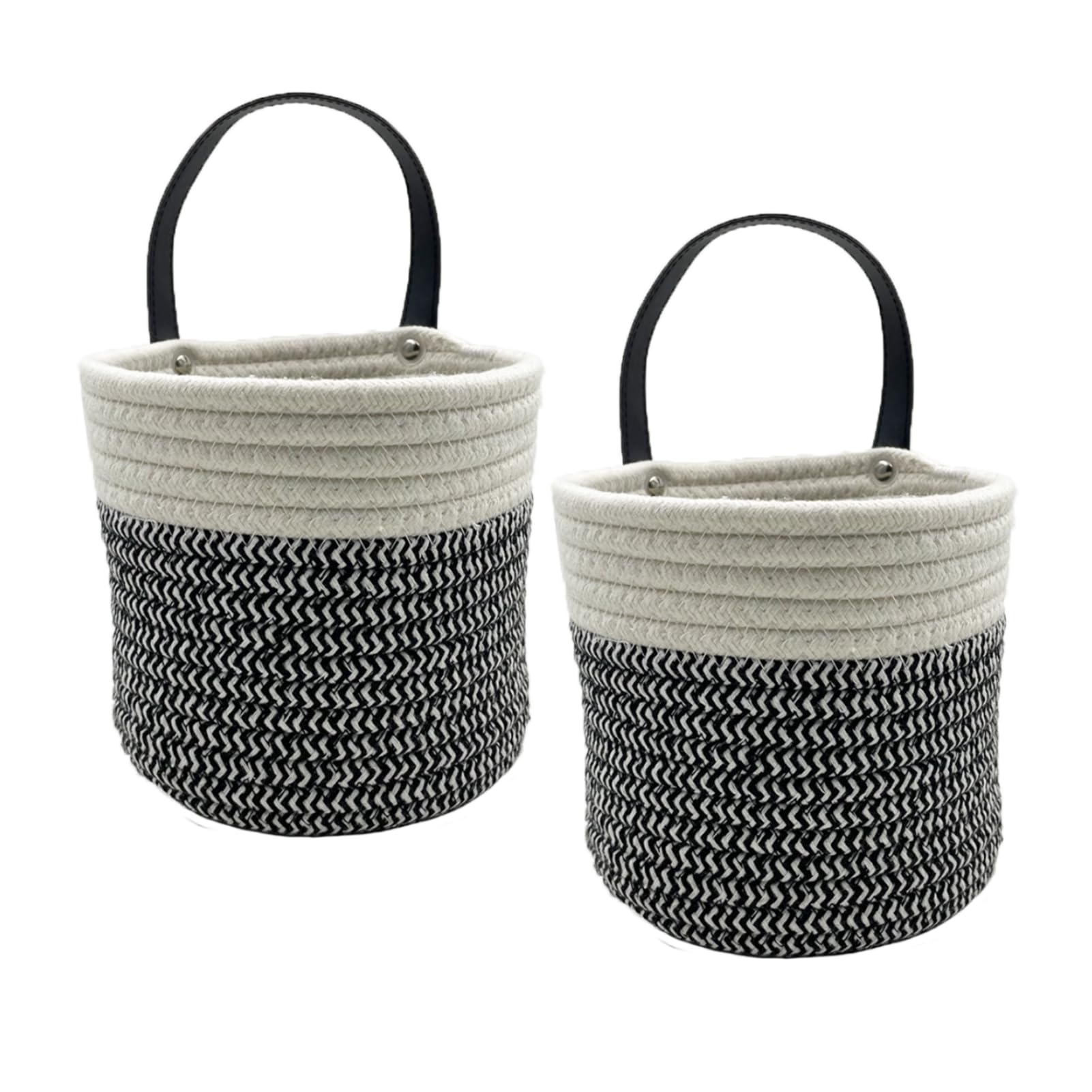 SOQKEEN Small Storage Baskets, 2 Pack 6"(15cm) Cotton Rope Woven Hanging Plant Pots Storage Baskets with Leather Handles for Sunglasses Key, Indoor Plants Flower, Bathroom Accessories (Black & White)