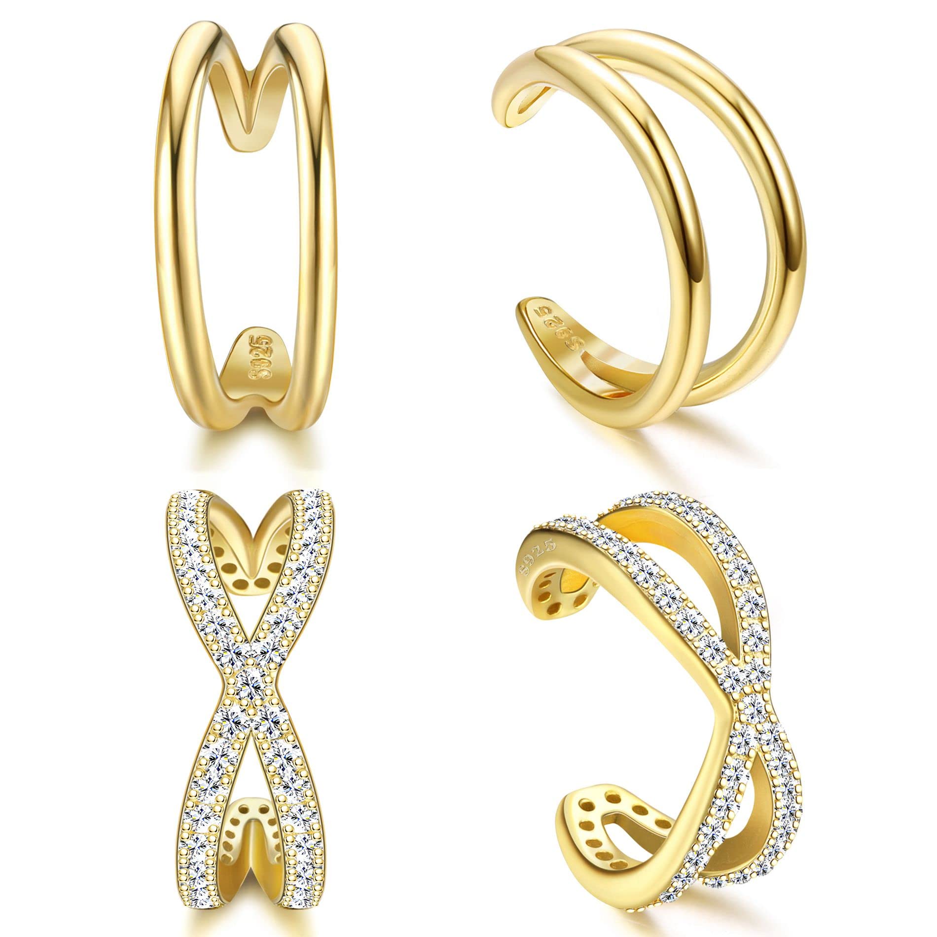 KALVICA 2 Pcs 925 Sterling Silver Ear Cuff for Women Cartilage Clip on Earrings Non Piercing Earrings Set Fits Sensitive Ears Adjustable Earring Cuffs Silver Gold Rose Gold