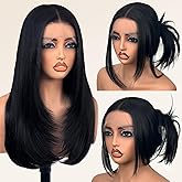 Glueless Synthetic Lace Front Wig 26 Inches Long Straight Black Wigs for Black Women 13x5x1 HD Lace Hand Tied Pre Plucked Hai