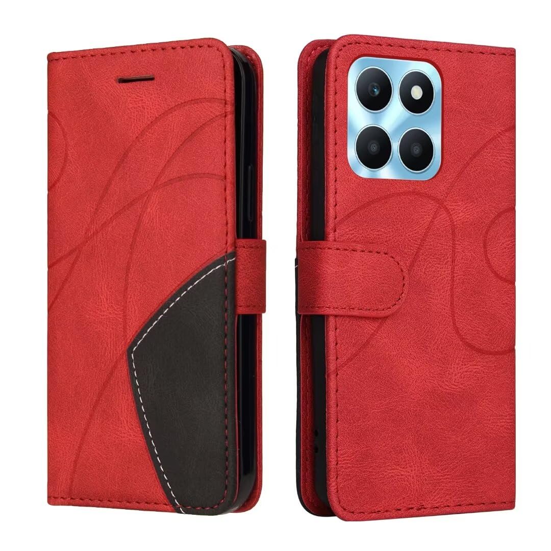 Dfjhure Honor X6b Case Premium Flip Wallet Phone Case Cover Shockproof PU Leather Stand View Bookstyle Case Silicone Bumper Business Phone Case for Honor X6b- Red