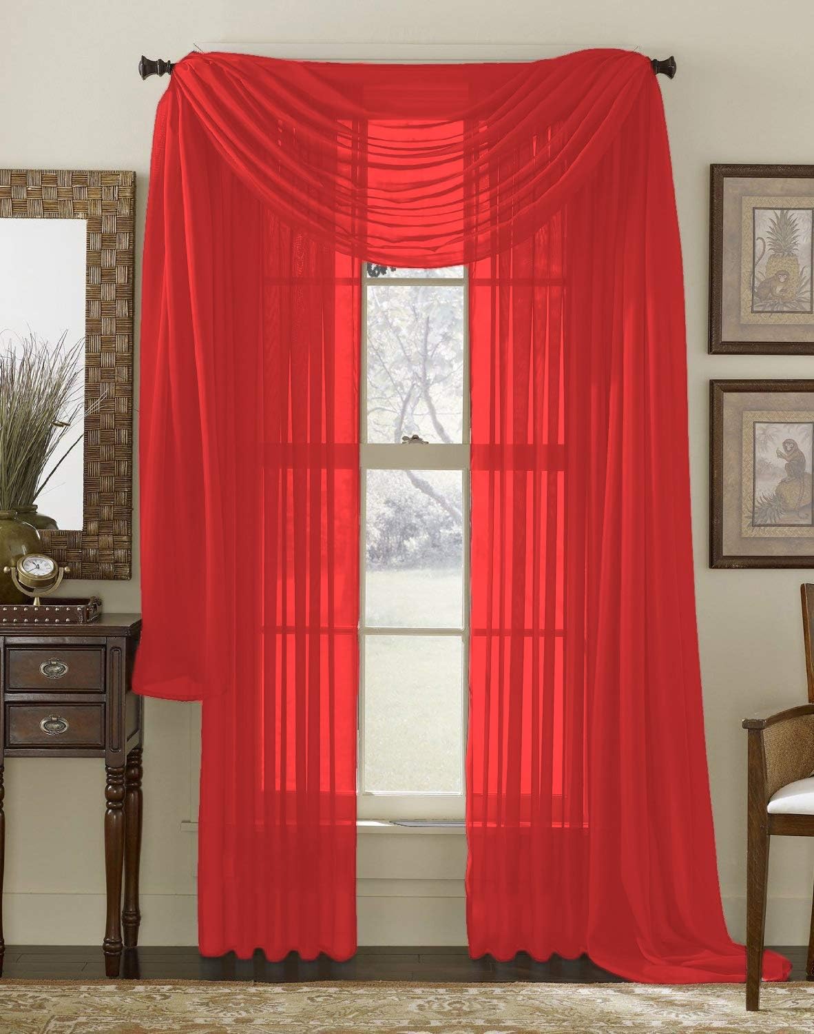 Interior Trends 3 Piece Fully Stitched Sheer Curtain Panel Window Drapes and Scarf Set of 2 Panels and 1 Matching Scarf (108" Long, Red)