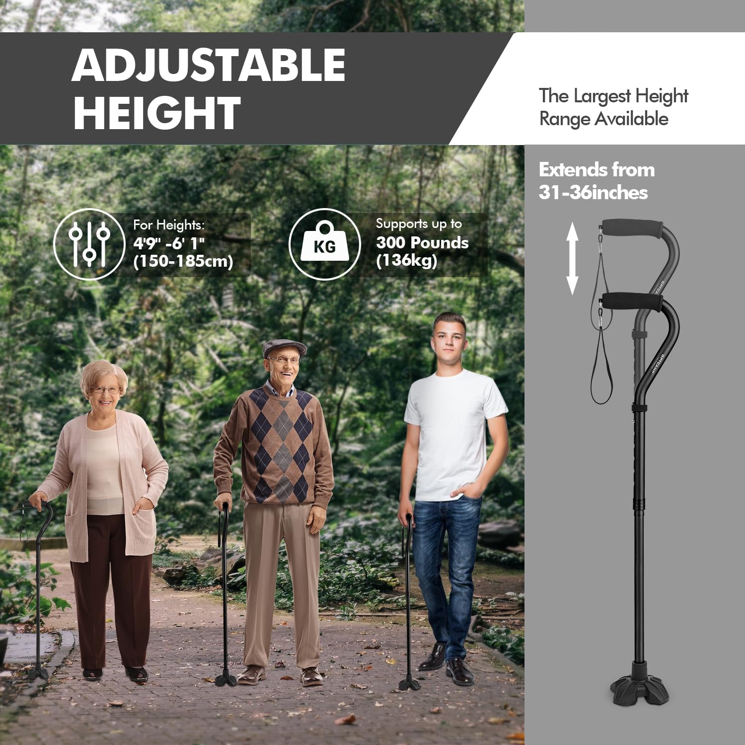 GPTCAMP G1 Walking Stick, Walking Cane for Women & Men with Wrist Strap, Lightweight & Sturdy Offset EVA Handle, Large Quad Base, Self Standing for Seniors and People with Injuries & Recovery