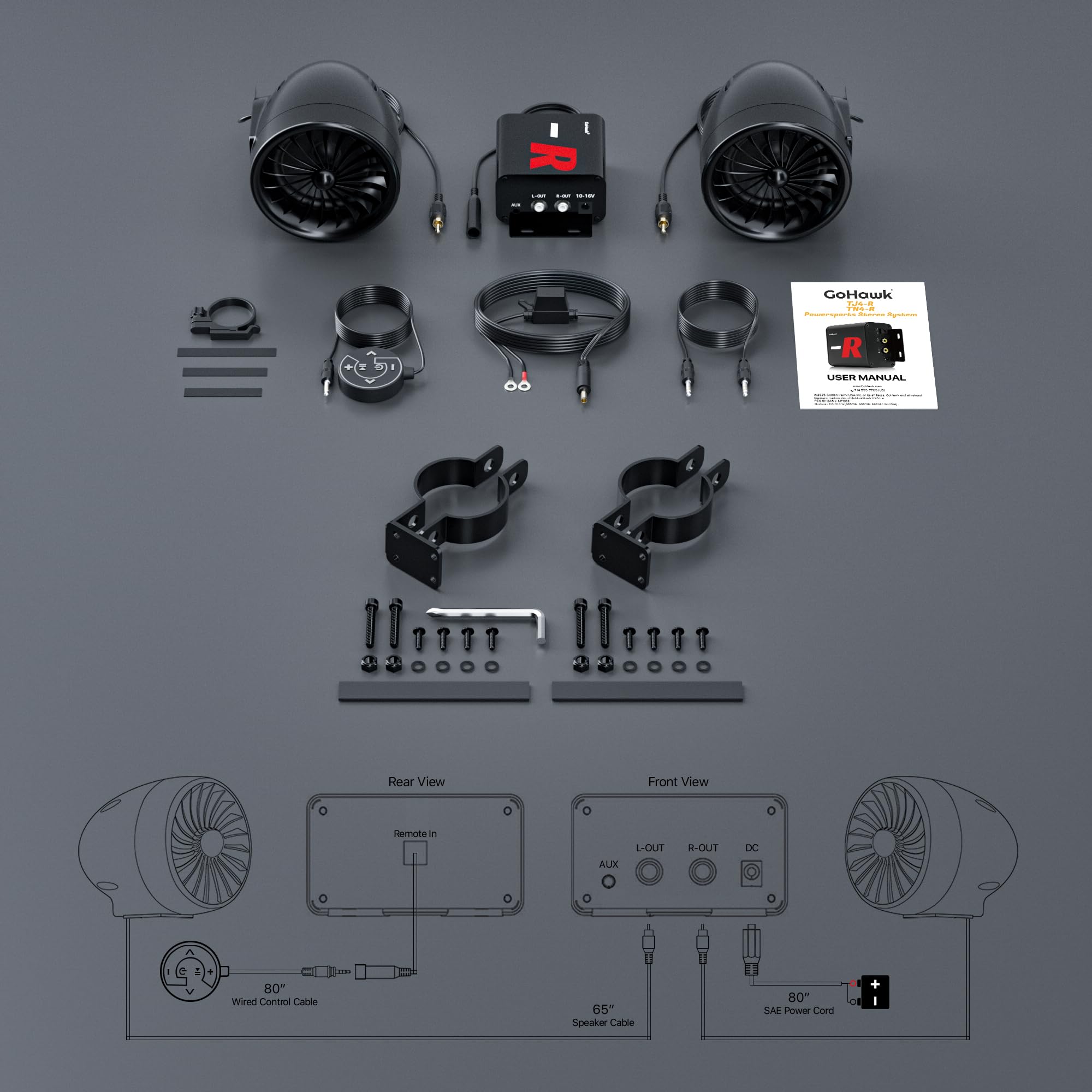 GoHawk Bluetooth Motorcycle Speakers and Amplifier Audio Sound System, FM Radio, Waterproof Speakers for ATV, UTV, Golf Cart