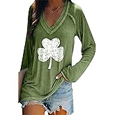YMING Womens St. Patricks Day Clover Shirt Long Sleeve V Neck Sweatshirt Irish Shamrock Print Pullover Tops