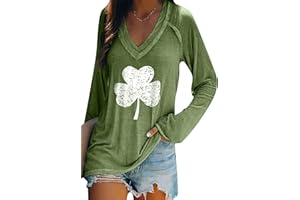 YMING Women's St. Patricks Day V Neck Shirt Irish Shamrock Print Sweatshirt Clover Print Long Sleeve Pullover Tops Plus Size