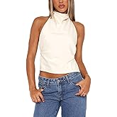 Womens Mock Neck Satin Tank Tops Backless Silk Halter Top Sexy Open Back Sleeveless Crop Tank Top Dressy Casual