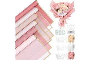 JuneHeart 60 Sheets Flower Wrapping Paper, Waterproof Floral Wrapping Paper with Ribbons, Bouquet Wrapping Paper for Flower Shop Wedding, 22.8"x22.8"(Pink)