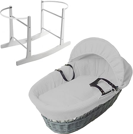grey waffle white wicker moses basket and rocker