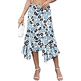 YSYOKOW Midi Skirts for Women High Waisted Asymmetrical Handkerchief Hem Fold Over Waist Flowy Casual Summer Soft Knit Skirt