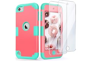 IDweel for iPod Touch Case with 2 Screen Protectors, 3 in 1 Hard PC Case + Silicone Shockproof for Kids Heavy Duty Hard Case Cover for iPod Touch 7th/6th/5th Generation,Pink+Green