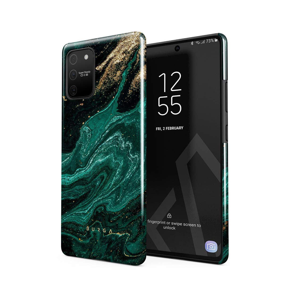 BURGA Phone Case Compatible with Samsung Galaxy S10 LITE - Hybrid 2-Layer Hard Shell + Silicone Protective Case -Emerald Green Jade Stone Gold Glitter Marble - Scratch-Resistant Shockproof Cover