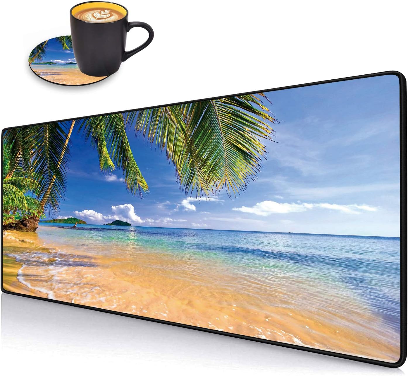Desk Pad Mat Gaming Mouse Pads with Coasters Set, Stitched Edges Design Mouse Pad XXL Large Mouse Pad for Laptop Computers Shore Palms Tropical Beach Desk Writing Mat for Office & Home 31.5
