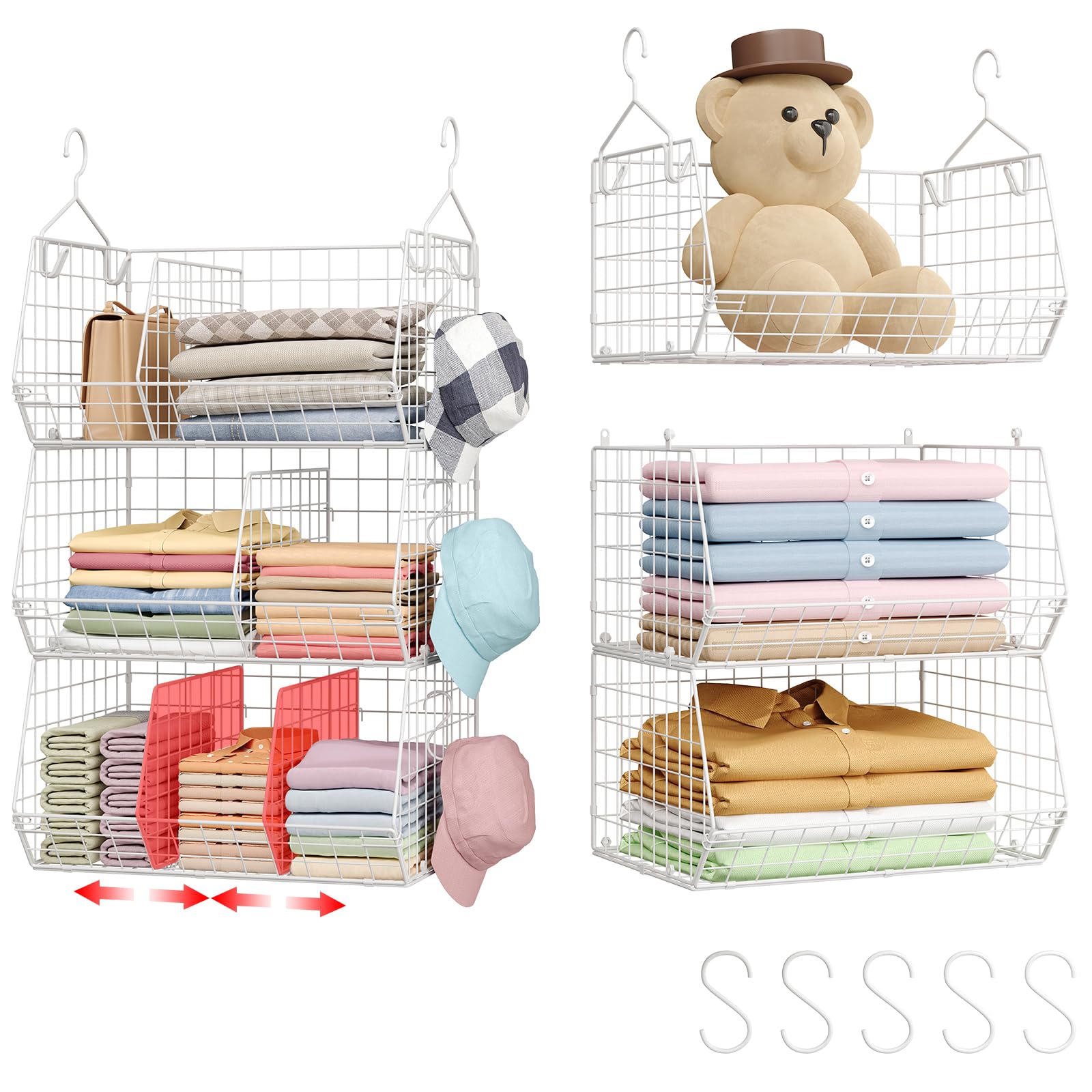 Photo 1 of 3 Tier Extra Large Closet Hanging Shelves with Divider, 16.5"L x 11.8"W x 33.6"H Closets Organizers and Storage with 5 S Hooks, Clothes Organizer for Sweaters Shoes Handbags Clutches Accessories-White