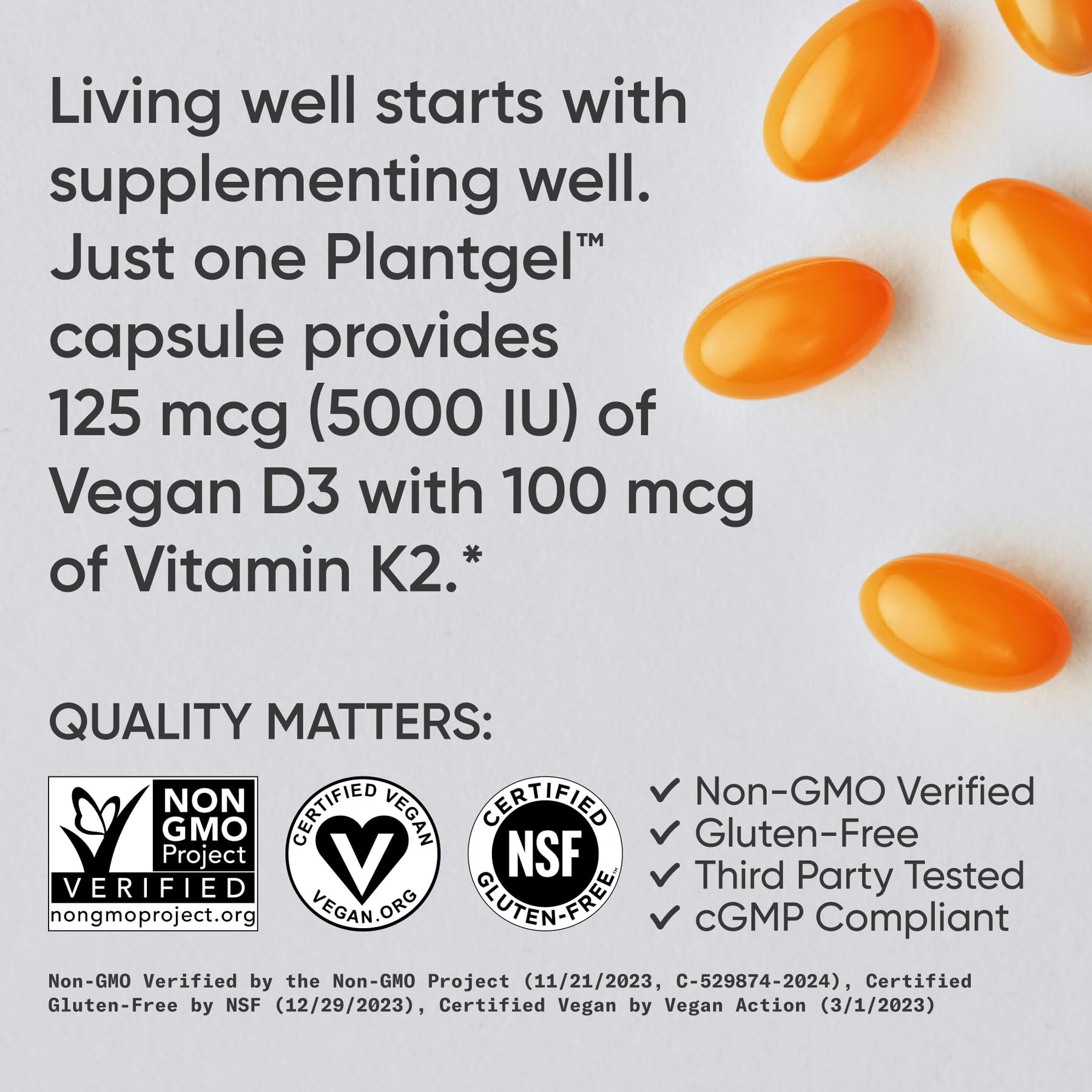 Sports Research Vitamin D3 with K2 Softgels - Plant Based K2 & Vegan D3 5000iu with Coconut MCT Oil - Vegan Certified, Soy & Gluten Free - 120 Count