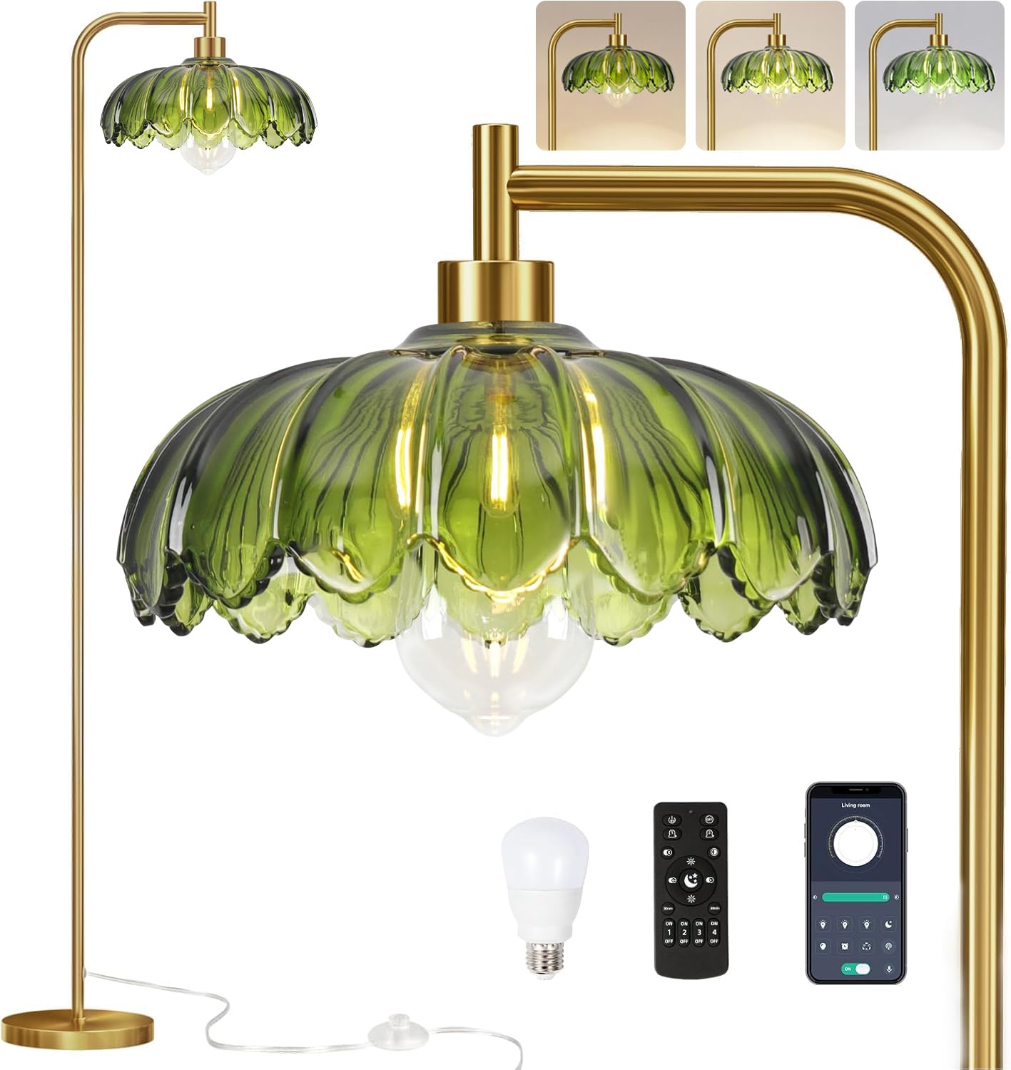 Photo 1 of QIYIZM Gold Glass Floor Lamp Dimmable,Brass Tall Lamp Mid Century Modern Standing Lamp with Remote Retro Vintage Green Floor Light Lamp Boho Bohemian Bedroom for Living Room