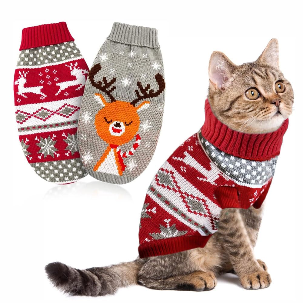 LATRAT Pack of 2 Christmas Cat Dog Jumpers, Snowflakes, Reindeer Motif, Knitwear, Winter Pet Clothes, Warm Pet Jumper for Kittens and Small Dogs, Elk and Fawn, Red, XL