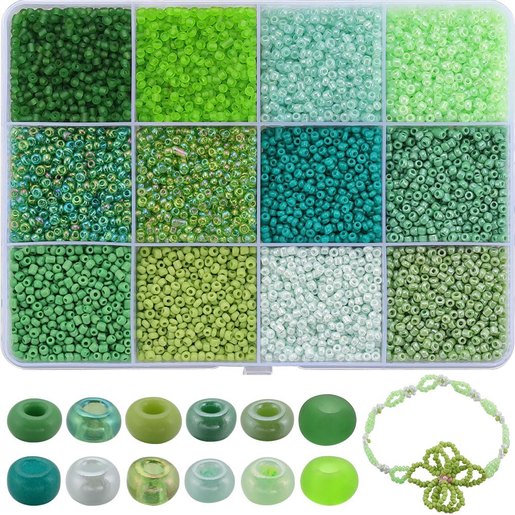 SUNNYCLUE 1 Box 9600Pcs Green Seed Beads Glass Seed Beads 2mm Small Pony Beads Bulk Spring St Patricks Day Glass Beads Waist Beads Seed Bead Mini Spacer Beads for jewellery Making Beading Kits DIY