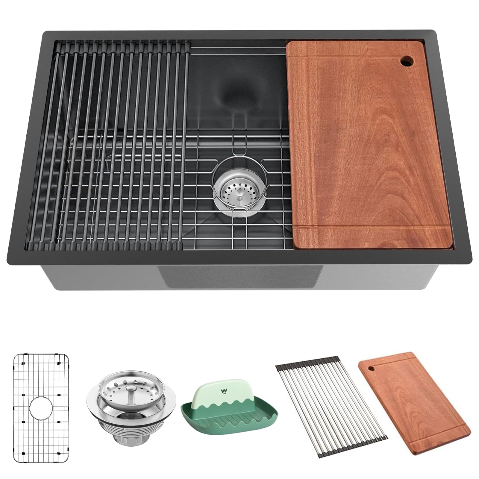 Photo 1 of Black Kitchen Sink Workstation, 19x30 Inch Stainless Steel Drop In Single Bowl Nice Modern Kitchen Workstation Sink Combo-SS Grid,Drying Rack,Cutting Board,Utensil Rest And Drain Strainer Set