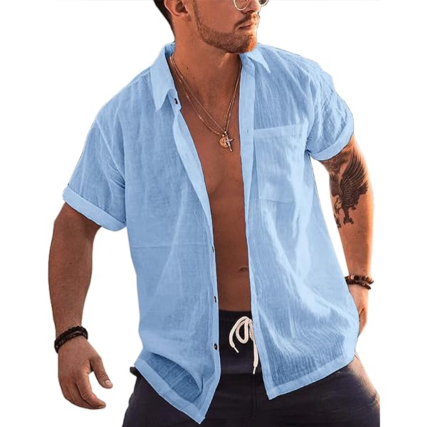 Camisa De Lino Hombre Manga Corta Slim Fit - Tallas Grandes Transpirable Casual Primavera Verano