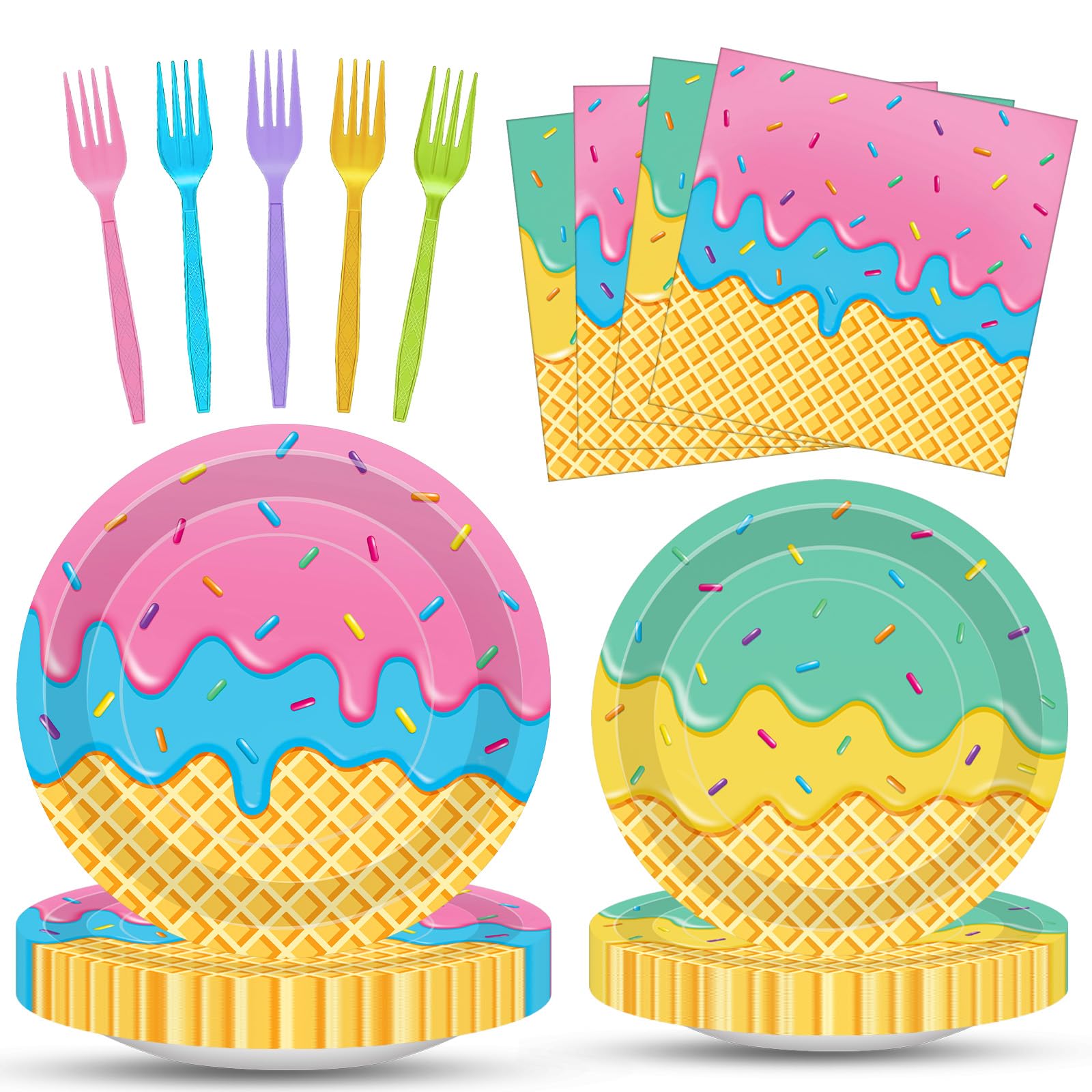 Photo 1 of 100 Pcs Ice Cream Cone Party Supplies Set, Serves 25 – Disposable Paper Plates, Napkins, and Colorful Forks, Ice Cream Themed Tableware for Kids Birthday, Summer, Sweet Shop, Dessert Party Decorations