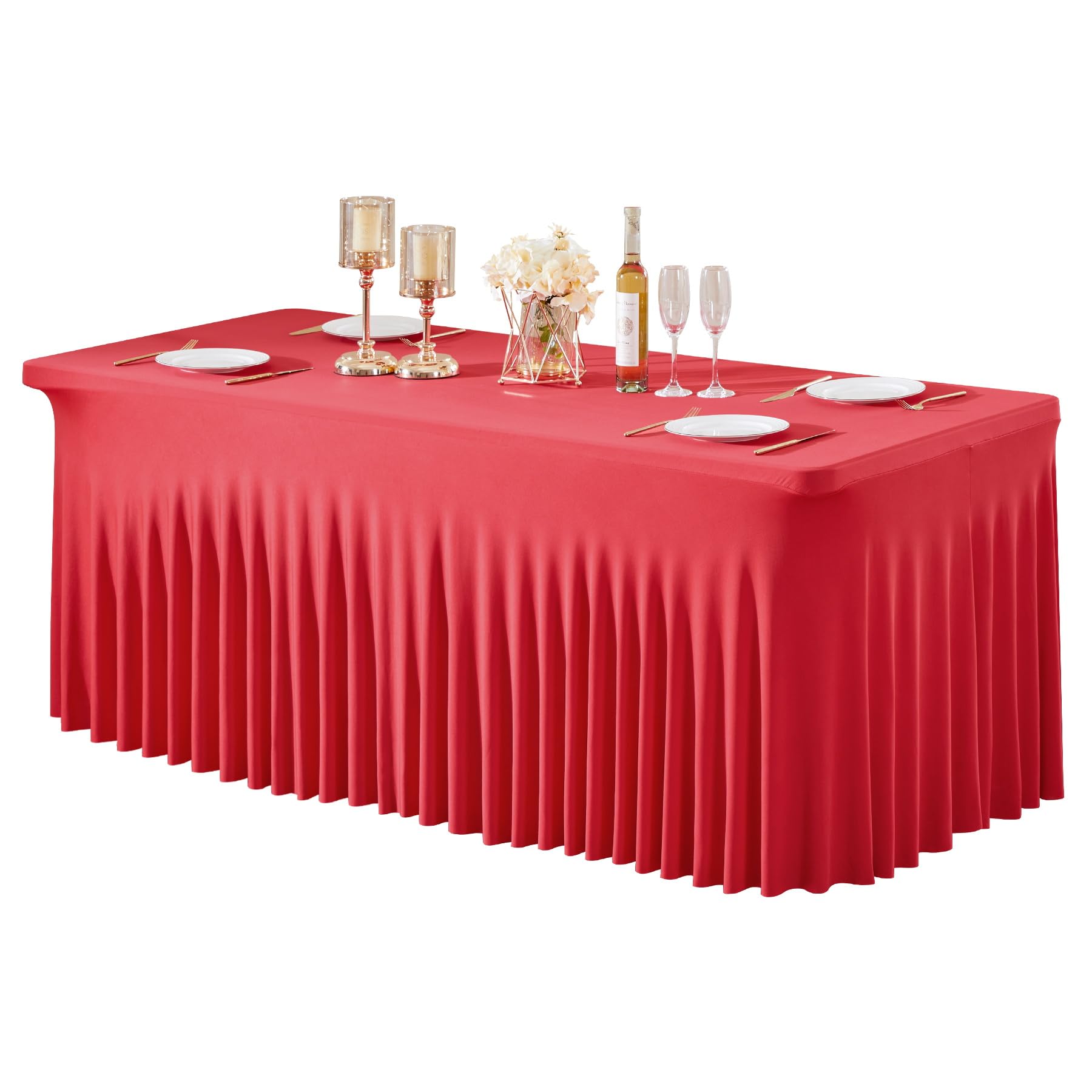Photo 1 of 1 Pack Red Table Clothes for 6 Foot Rectangle Tables, One-Piece Wrinkle Resistant Stretch Spandex Table Covers Valentines Table Skirt for Event Banquet Wedding Birthday Party