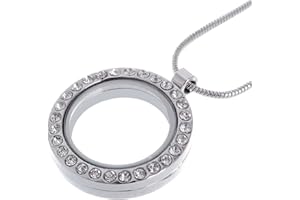 RUBYCA Living Memory Round Locket Snake Chain Necklace Crystal Floating Charm DIY Silver Tone 1Pcs
