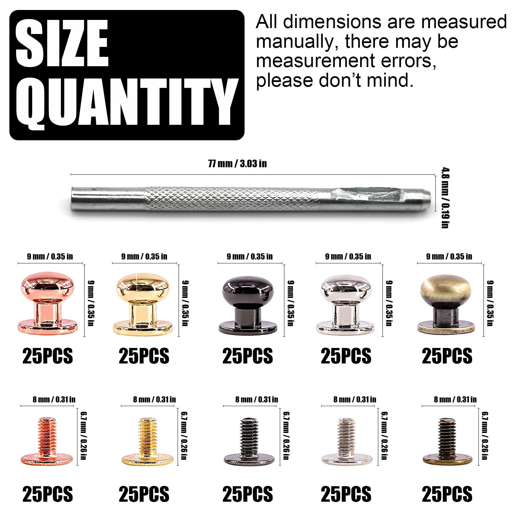 INKNOTE 125 Sets 5 Colors Chicago Screws Solid Round Head Button Tack Slotted Nipple Rivet Studs for Clothing Shoes Belts Bags Watchbands Dog Collars DIY Leather Craft Accessories