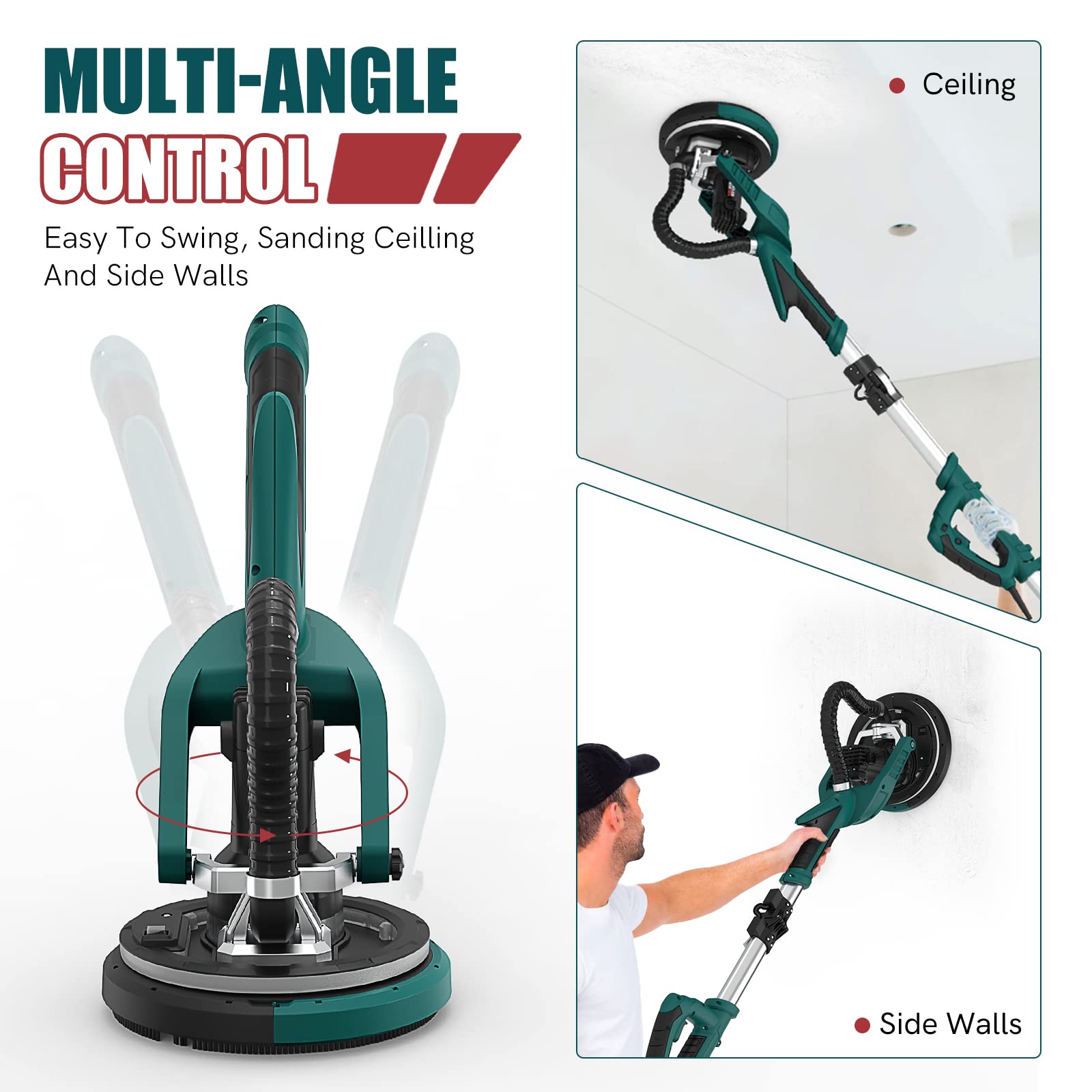 NEU MASTER Electric Drywall Sander - Variable Speed Pole With Vacuum, 900-1800RPM Foldable Ceiling Sander, 12 Sanding Discs, LED Light, Extendable Handle, Dust Bag and Hose