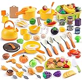 120Pcs Mini Play Kitchen Accessories, Kids Pretend Cooking Playset with Desserts, Cuttable Veggies & BBQ & Storage Basket, Educational Role-Play Gift for Toddlers, Child, Yellow