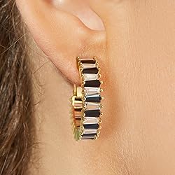 GLOQUAT Crystal White and Black Hoop Earrings 14K