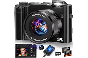 AHLIRMOY 4K Digital Camera for Photography - 64MP Autofocus Vlogging Camera for YouTube with Dual-Lens - 16X Digital Zoom Anti Shake 3'' Selfie Compact Travel Camera with Flash, 2 Batteries, Charging Stand