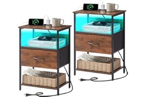 Somdot Nightstand Set of 2 with Charging Station and LED Light for Bedroom, Bedside Table End Table for Dorm Guest Room Bedside Kids Laundry Closet Entryway Hallway, Wood Grain Print
