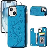 JOYAKI Wallet Case Compatible with iPhone 15,Slim Protective case with Card Holder,Premium PU Leather Kickstand Card Slots with Double Magnetic Clasp for iPhone 15(6.1")-Blue Butterfly