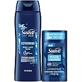 Suave Men’s Body Wash, Refresh + Invisible Solid Ocean Charge Antiperspirant Deodorant Stick, 48H Sweat & Odor Protection (2 Piece Set)