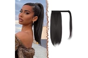 FESHFEN Straight Ponytail Extension 14 inch Natural Long Ponytails Wrap Around Clip in Pony Tail Hair Piece Synthetic Hairpieces for Women, Black Brown