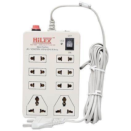 Hilex 8+1 Multicolour Extension cord with 3.6 Meter Wire, Fuse and Spark Suppressor (2 Pin and 3 Pin)