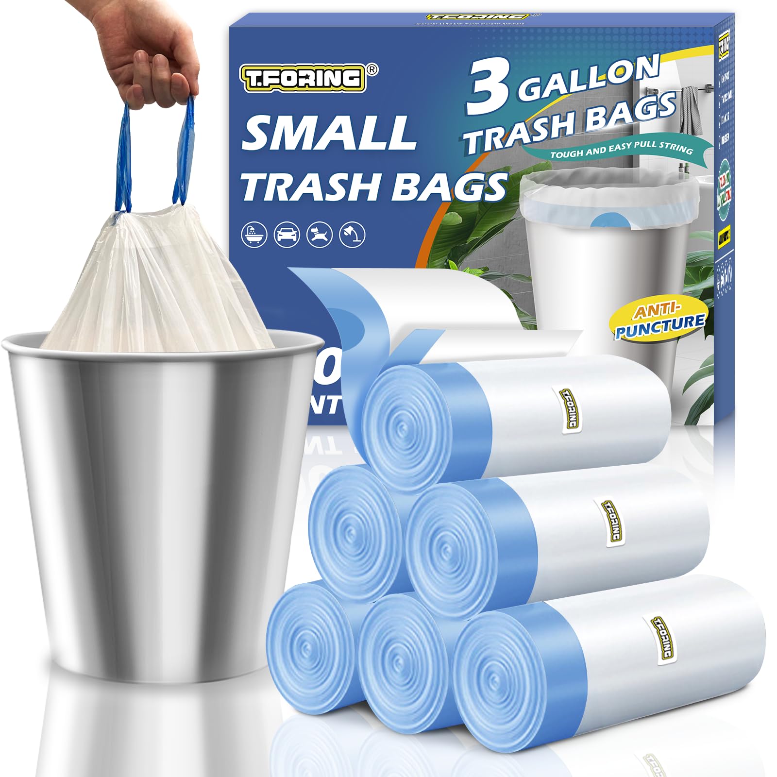 T.FORING Small 3 Gallon Trash Bags Drawstring,0.96 Mil,Unscented,120 Count