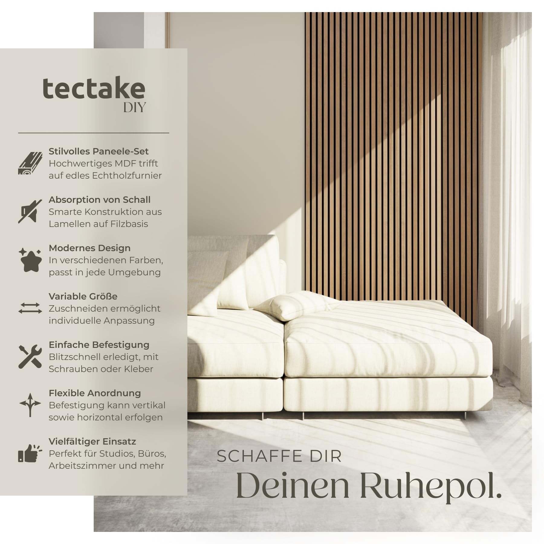 tectake® 3D Akustikpaneele 120 x 60 x 2,1 cm, Holz Optik Paneele, Wandpaneele in Holzoptik als Schallabsorber, Panels für Wohnzimmer, Küche, Wandverkleidung, Schallschutz - Eiche, 4er Set 2