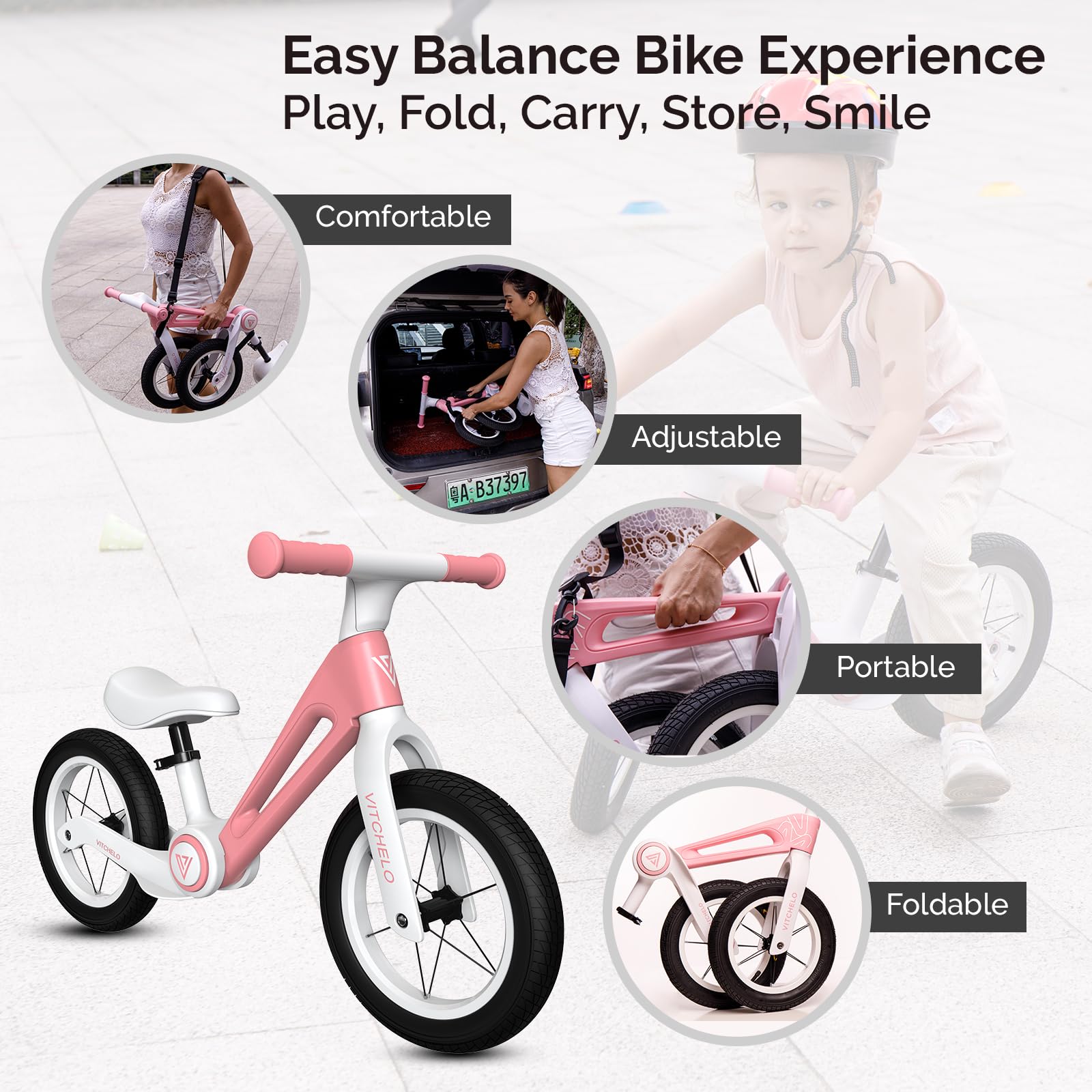 Vitchelo 12” Foldable Toddler Balance Bike, No Pedal Push Balance Bicycle for Kids 2 to 6 Year, Sport Bike with Adjustable Padded Seat, Safety Pad, Flat-Free Tires, Shoulder Strap & Tool Free Assembly