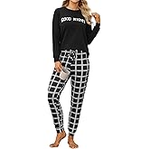 TeJoyce Cotton Pajamas for Women Set Soft Women's Long Sleeve Pajamas Set with Check Jogger Pants Lounge Set with Pockets