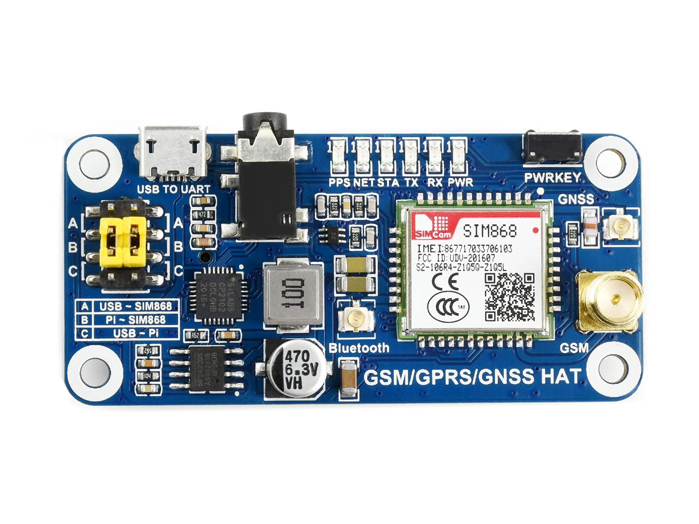 Waveshare Pi GSM/GPRS/GNSS HAT Expansion Board with Low-Power Consumption Based on SIM868 Compatible with Raspberry Pi 2B 3B Zero Zero W